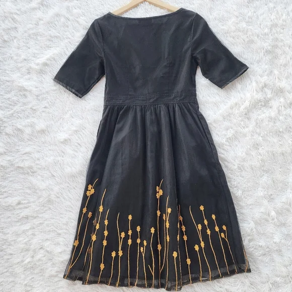 eShakti Black Tulle Embroidered Flare Dress - Picture 5 of 5